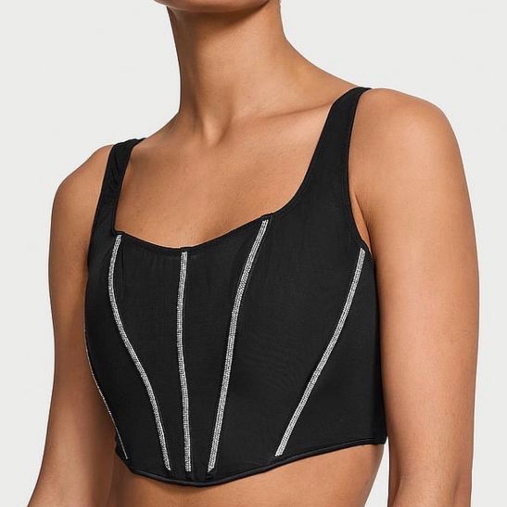NWT Victoria’s Secret VERY SEXY Black Sheer Shine Corset Top Small S Rhinestone